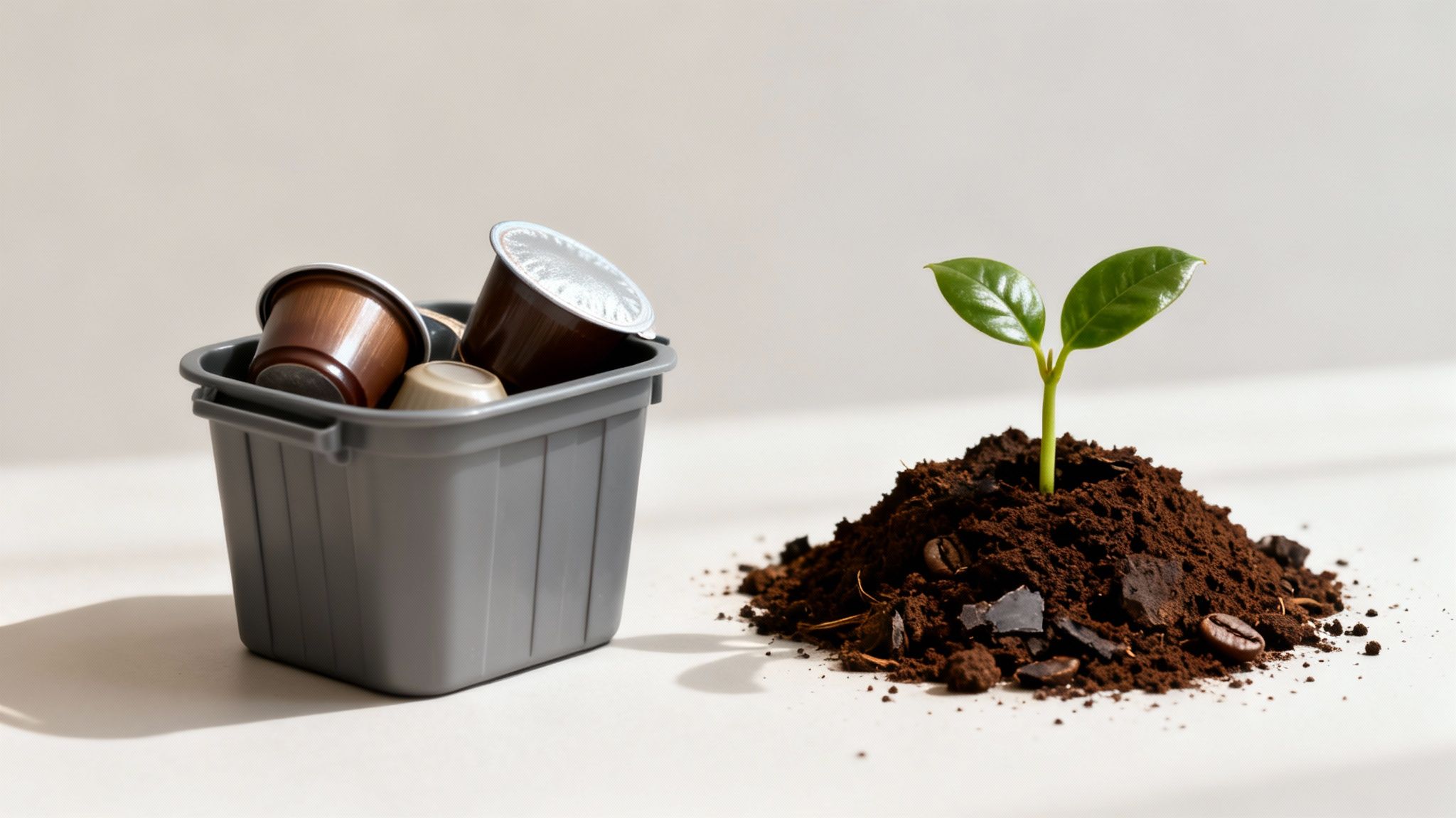 A container of coffee pods beside a young coffee plant growing from grounds and beans.
