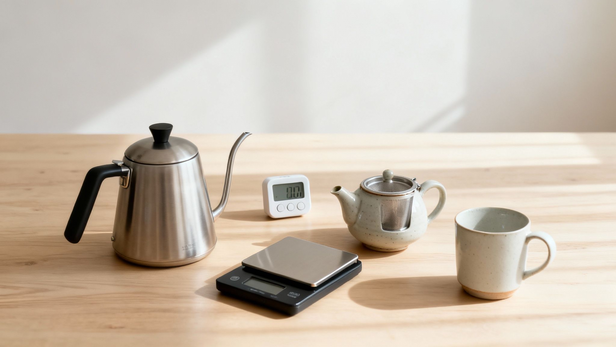 A stainless steel gooseneck kettle, digital timer, scale, teapot, and mug on a wooden table, ready for brewing tea.
