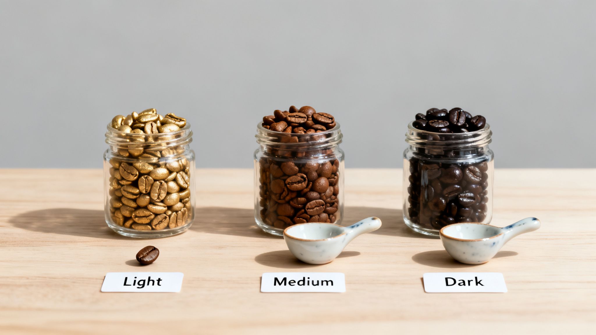 Three glass jars showcasing different coffee bean roasts: light, medium, and dark, with labels.