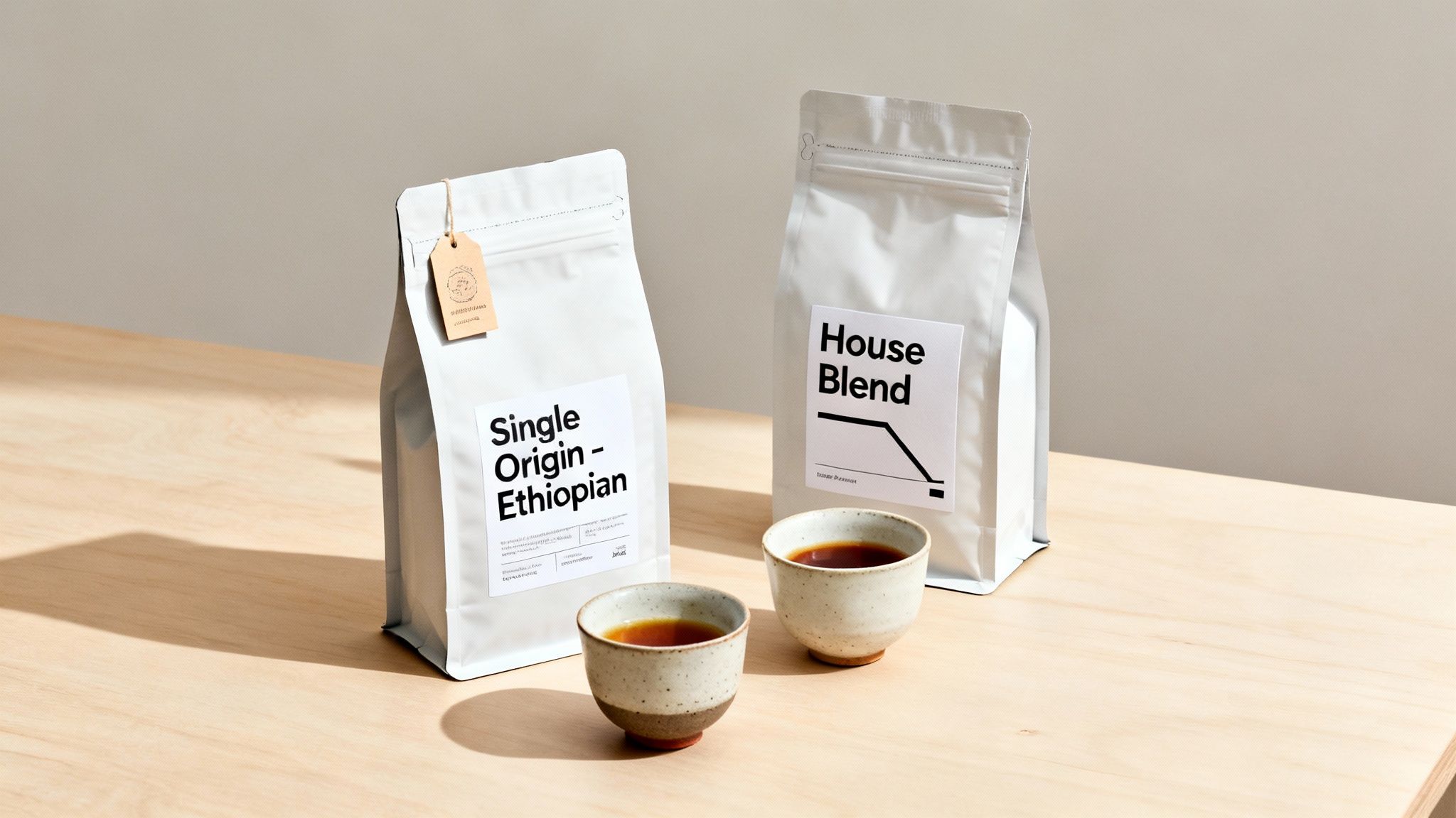 Two coffee bags, 'Single Origin Ethiopian' and 'House Blend', with two cups of coffee on a wooden table.