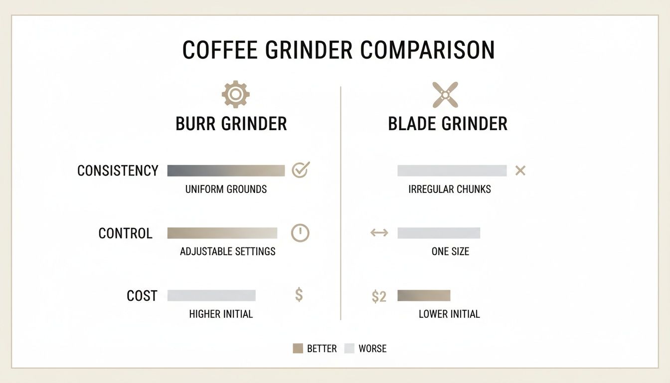 Comparison chart of burr vs blade coffee grinders, detailing consistency, control, and cost differences.