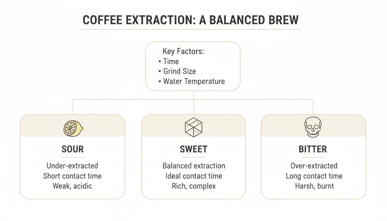 Infographic explaining coffee extraction, detailing sour, sweet, and bitter outcomes based on time, grind, and temperature.