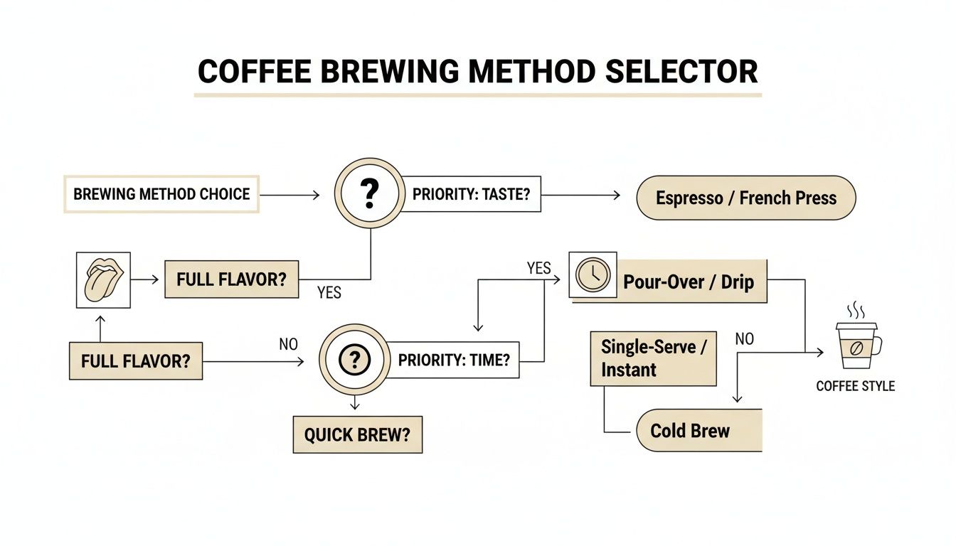A flowchart titled 'Coffee Brewing Method Selector' guiding users through choices based on taste, flavor, and time.