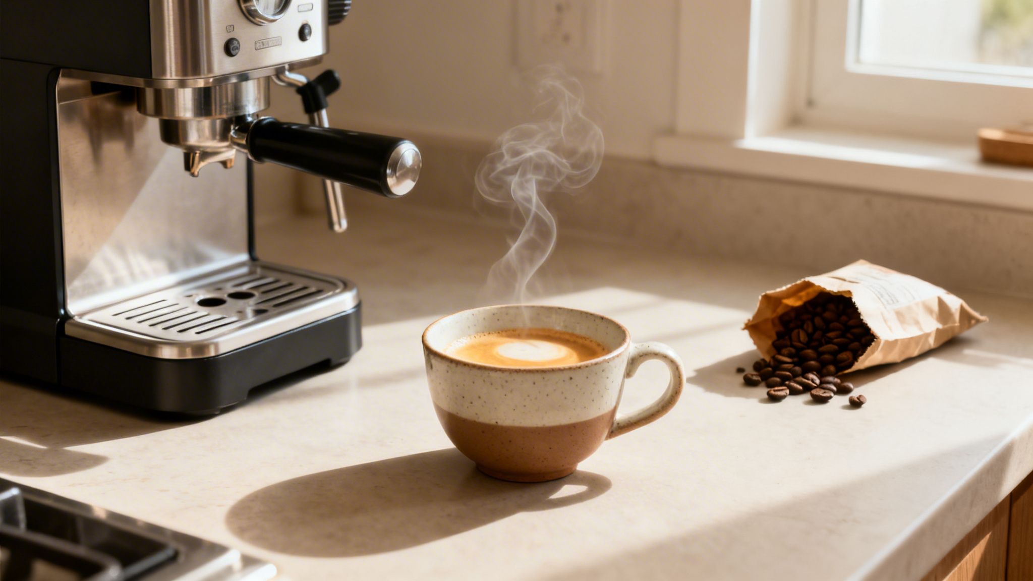 Steaming espresso with latte art, an espresso machine, and spilled coffee beans on a counter.