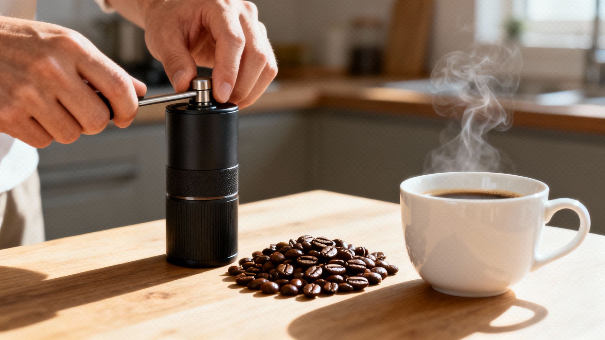 Close-up of hands grinding coffee beans with a manual grinder, next to whole beans and a steaming cup.