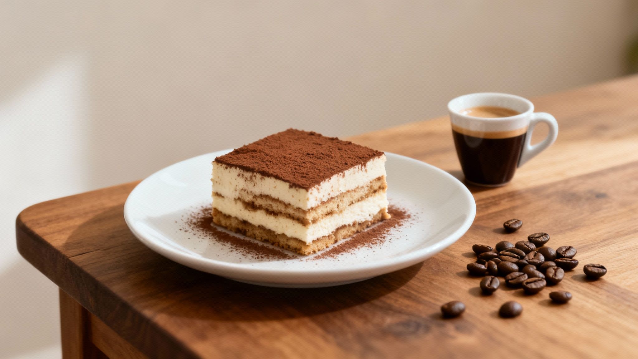 A slice of tiramisu on a white plate next to an espresso cup and scattered coffee beans on a wooden table.