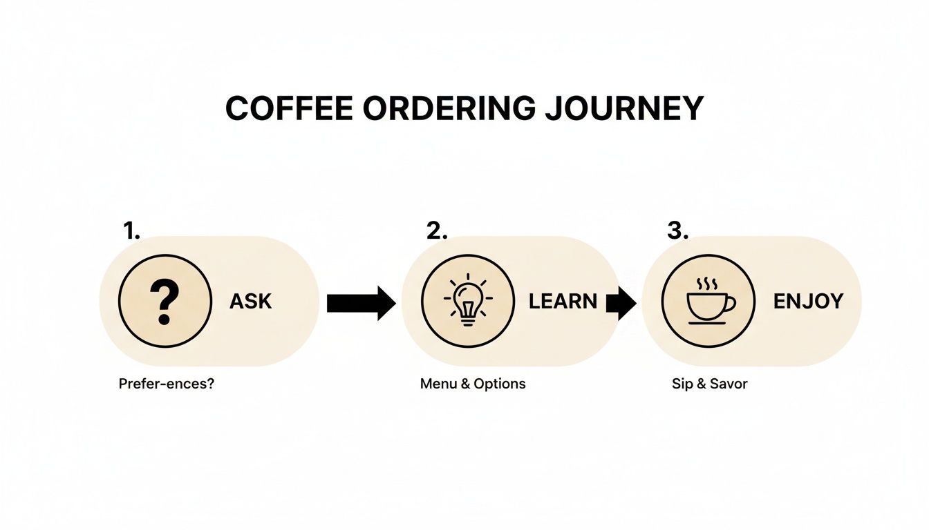 Diagram illustrating a three-step coffee ordering journey: Ask, Learn, and Enjoy, with clear icons.