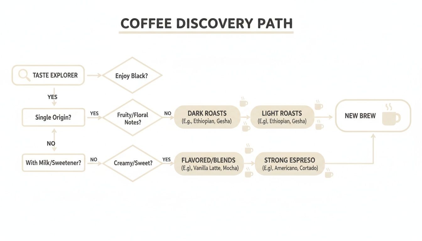 A flowchart titled 'Coffee Discovery Path' guiding users to different coffee types based on their preferences.