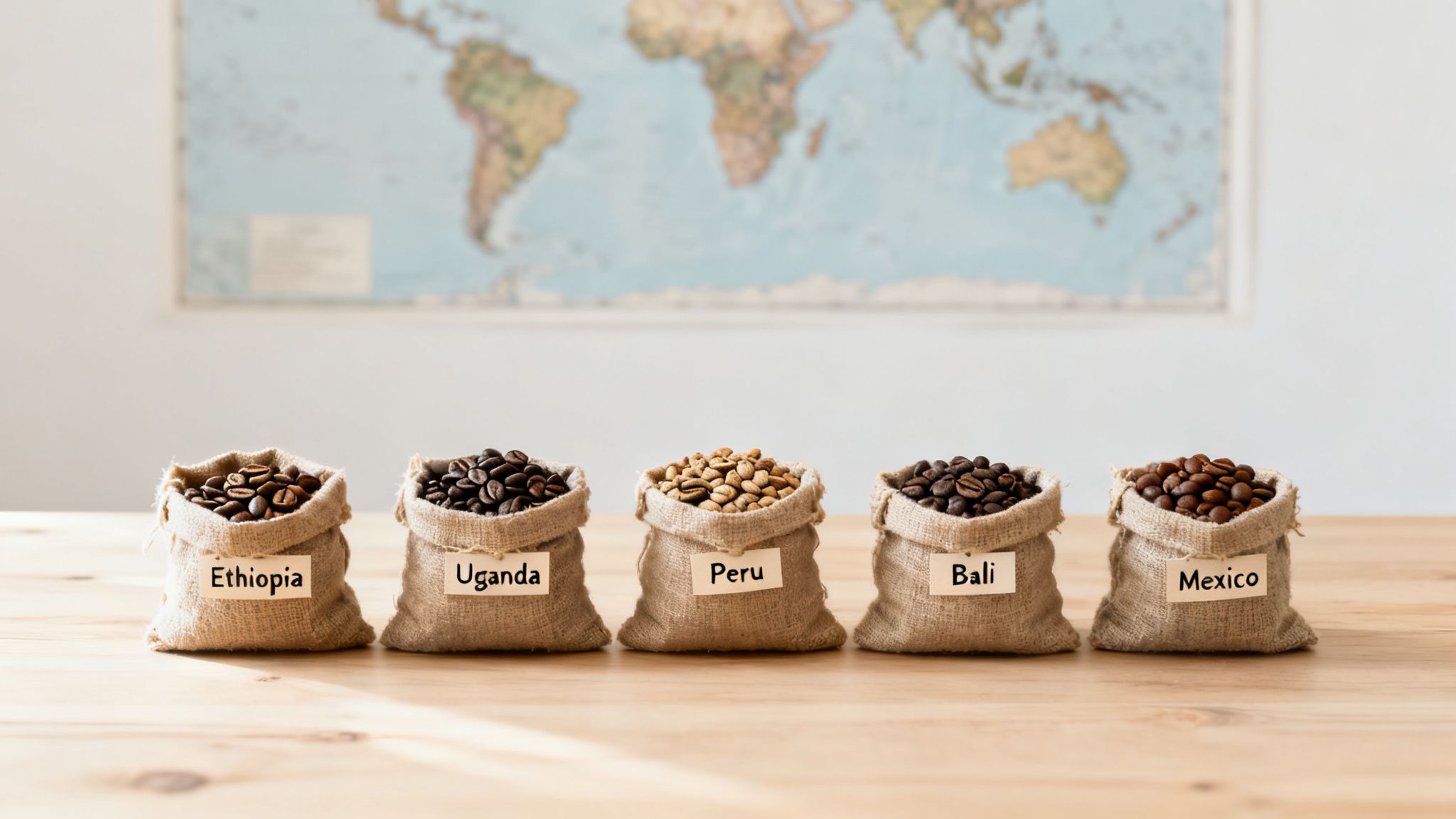 Five sacks of diverse coffee beans from Ethiopia, Uganda, Peru, Bali, and Mexico, with a world map.