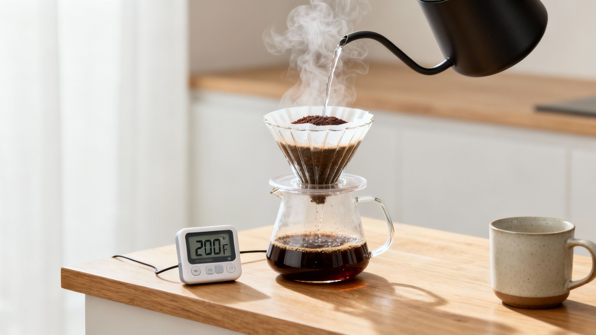 Pour-over coffee is brewed with hot water from a kettle, showing 200°F on a thermometer.