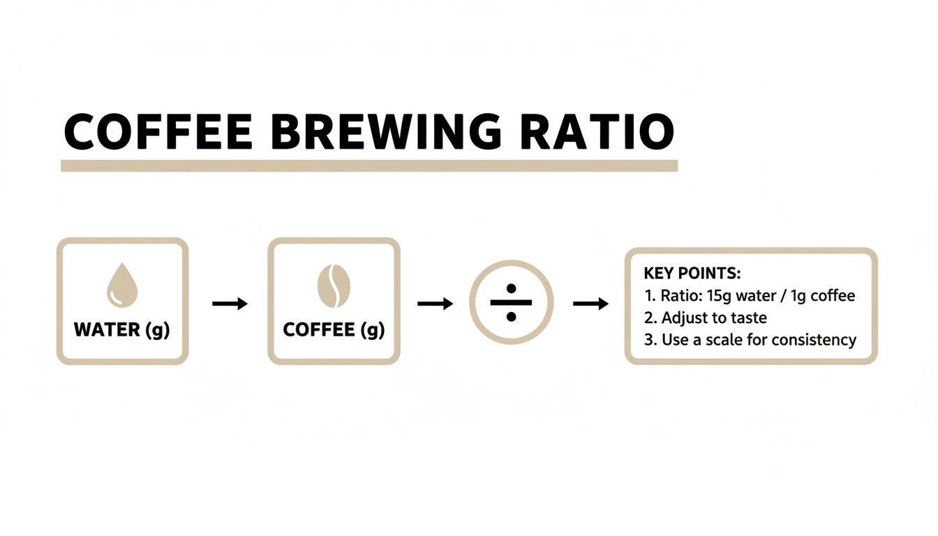 A visual guide illustrating the ideal coffee brewing ratio of 15g water to 1g coffee, with key tips for consistency.