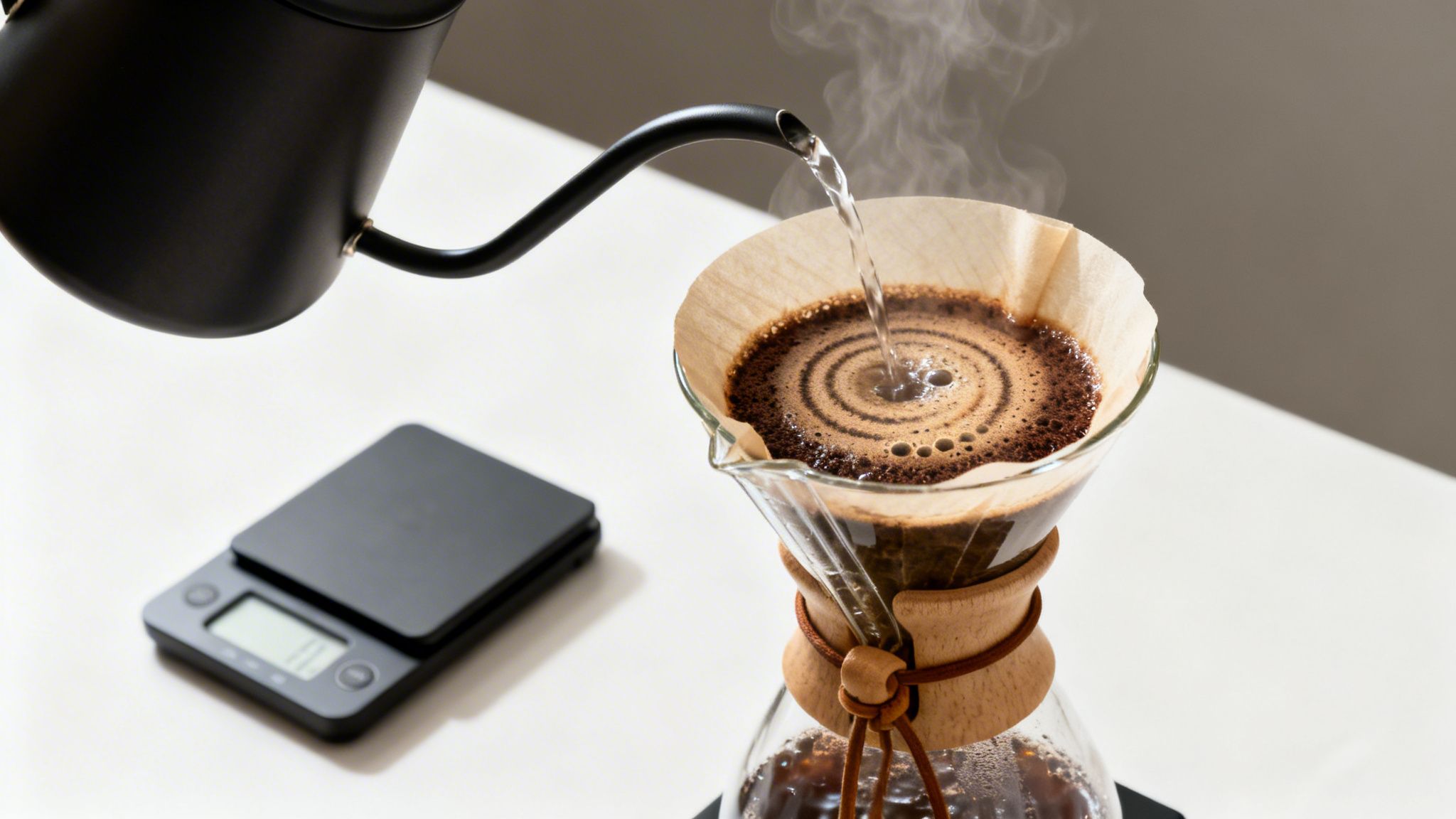 A black gooseneck kettle pours hot water into a Chemex coffee maker, showing blooming grounds.