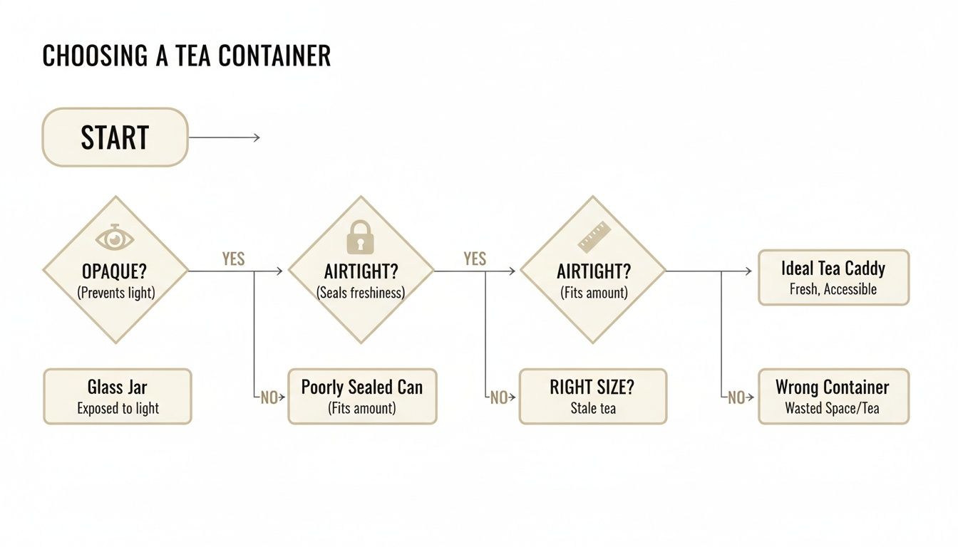 Flowchart guiding the selection of an ideal tea container based on opacity, airtightness, and size.