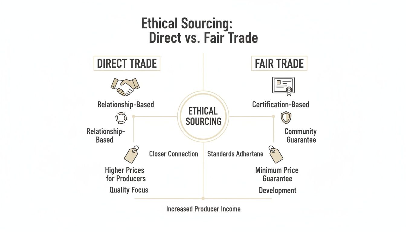 A diagram comparing Direct Trade and Fair Trade approaches to ethical sourcing, detailing their characteristics and benefits.