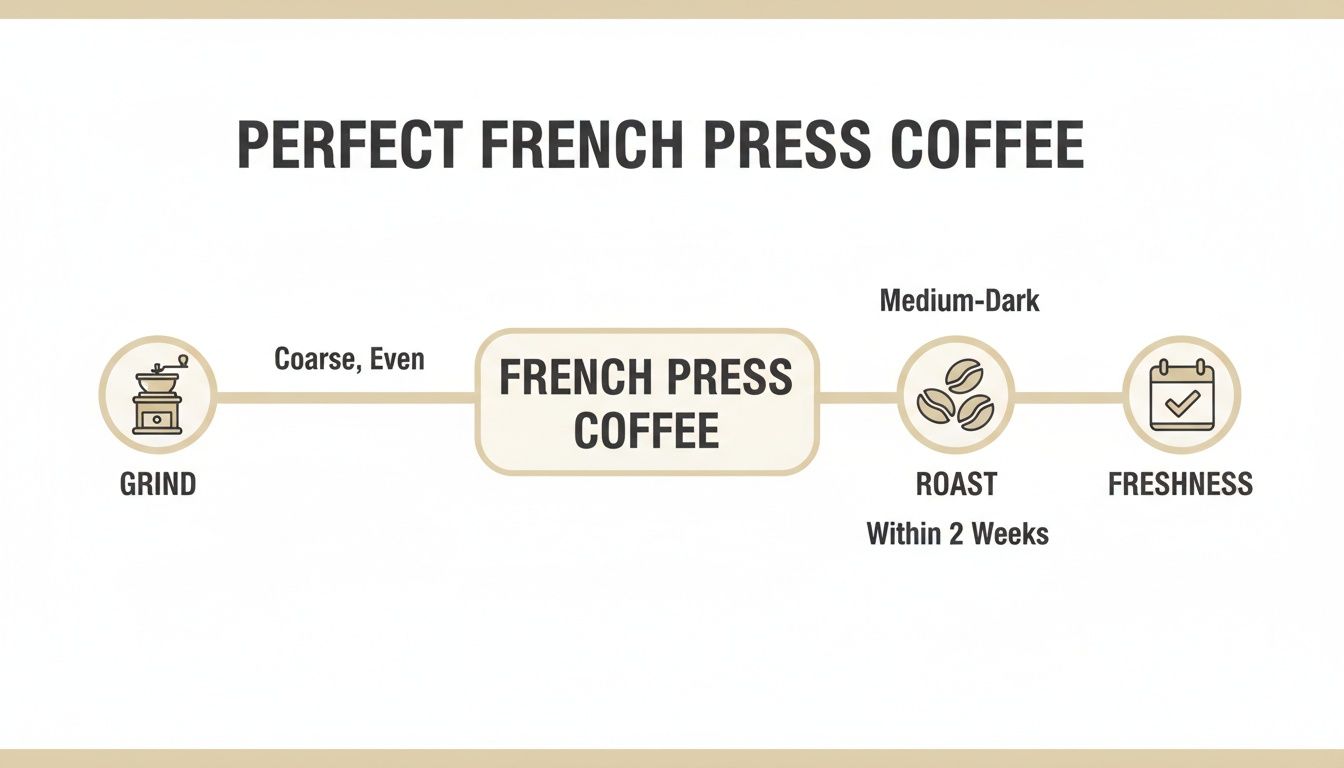 Diagram showing the key elements for perfect French press coffee: grind, roast, and freshness.