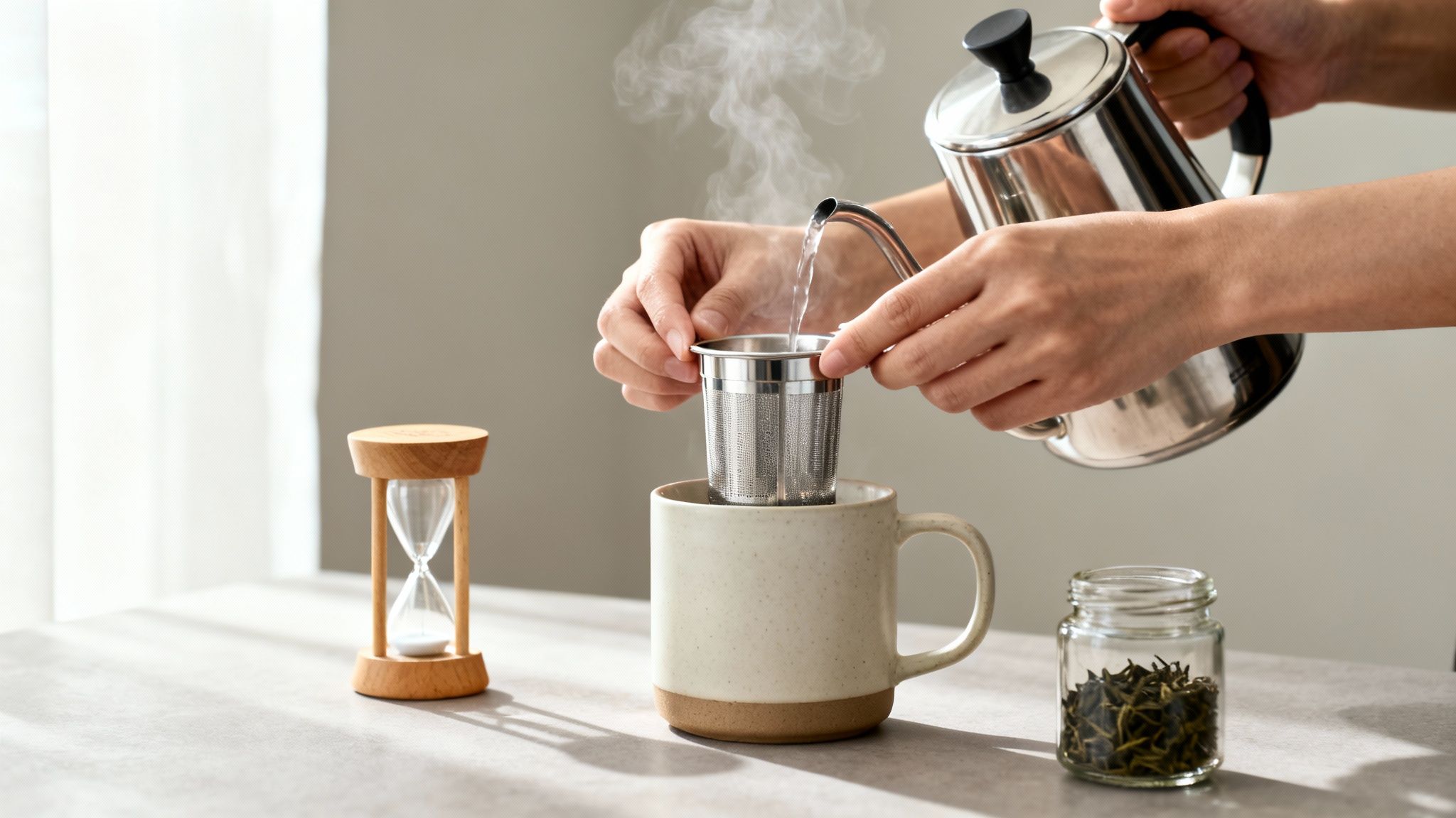 Hands carefully pour hot water from a gooseneck kettle into a mug with a tea infuser, preparing loose leaf tea.