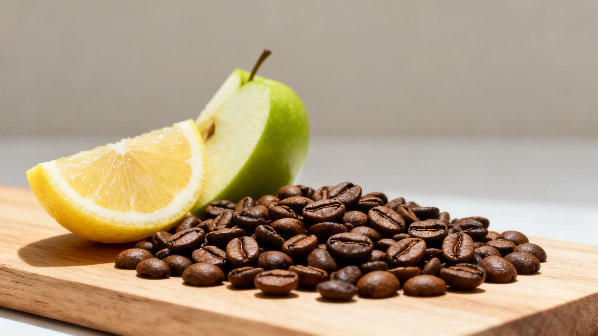 Close-up of a bright yellow lemon slice, green apple quarter, and roasted coffee beans on a wooden board.