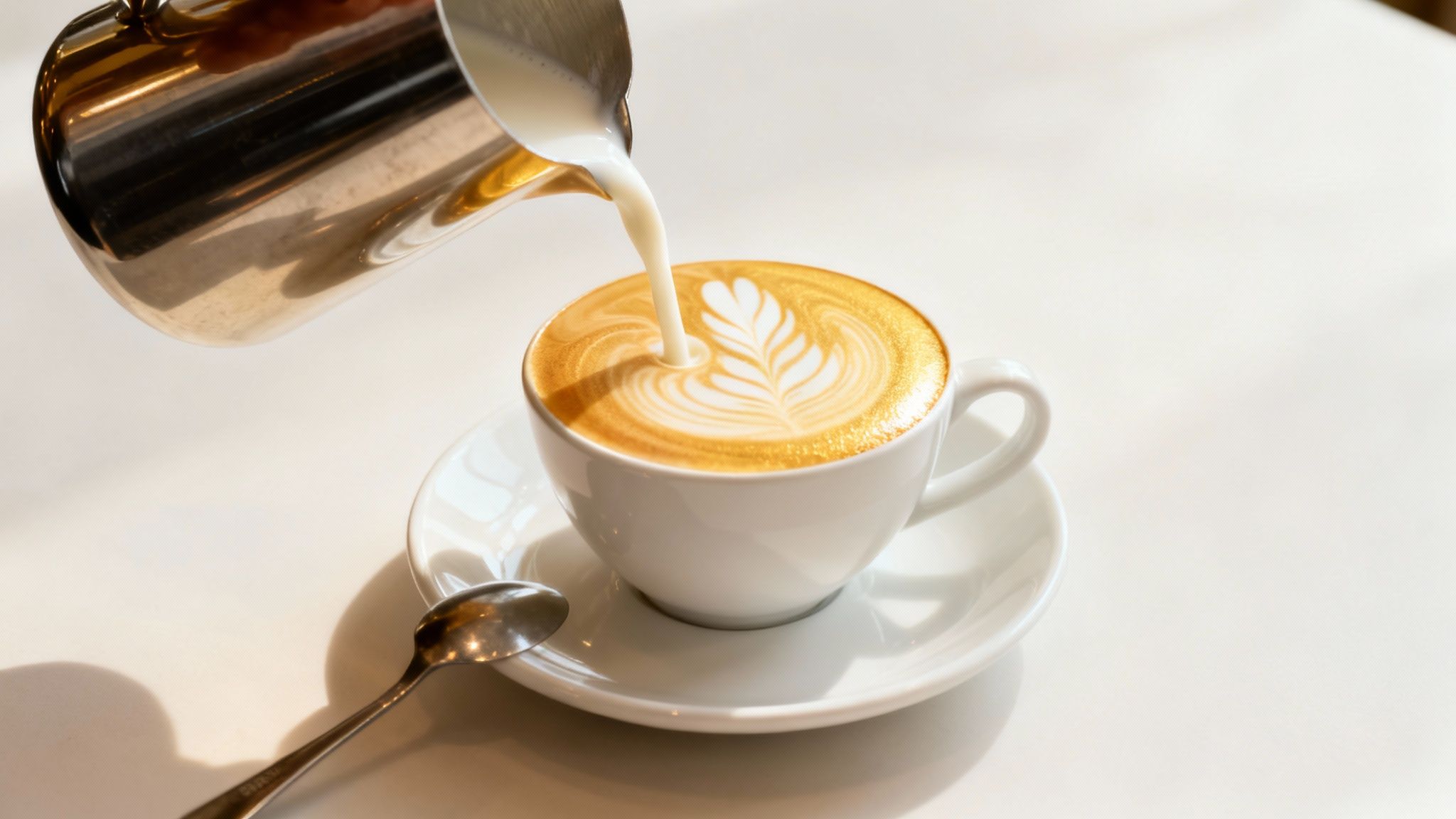 A barista skillfully pours frothed milk into a coffee cup, creating beautiful latte art on a white table.