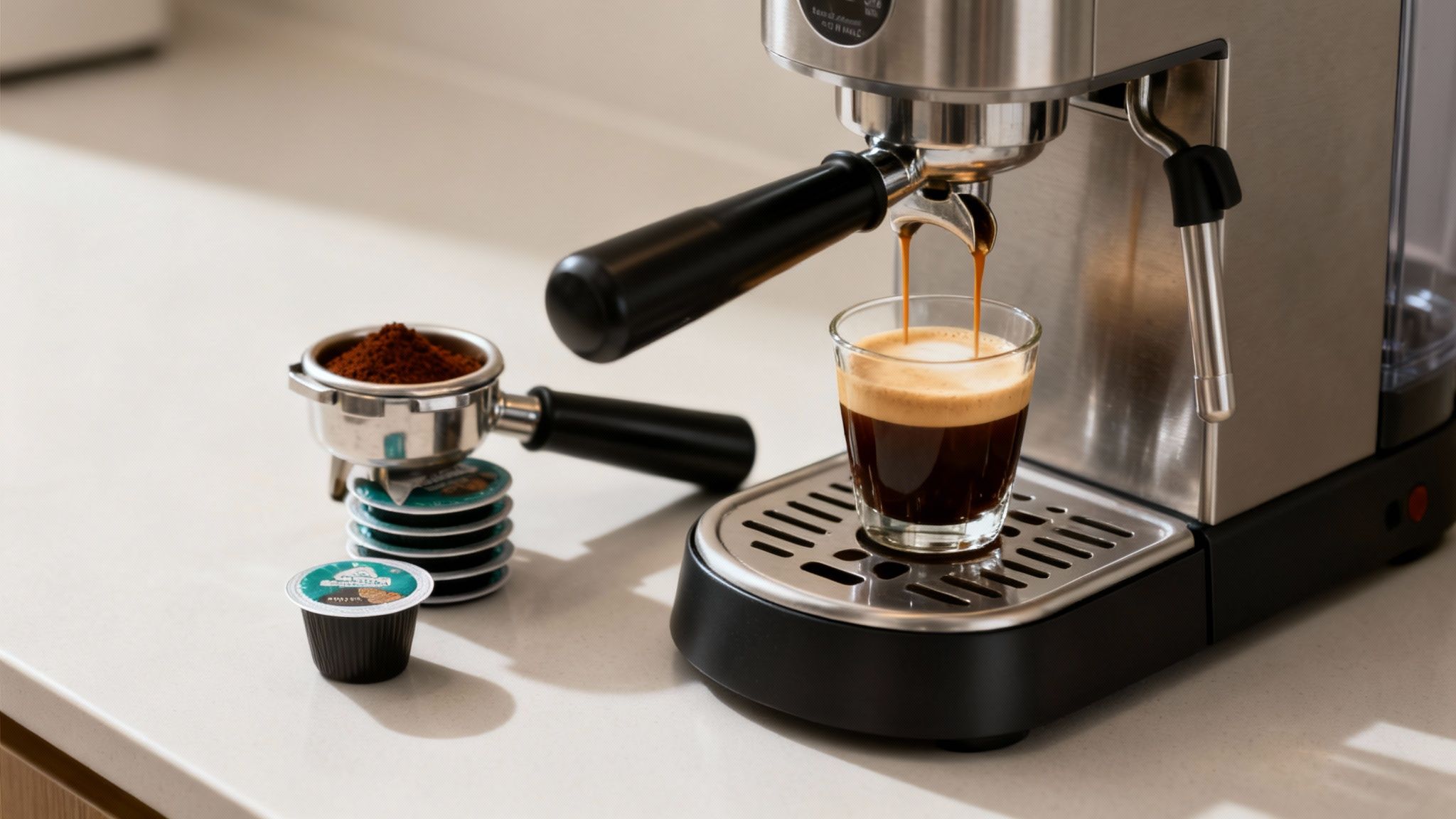 A stainless steel espresso machine brews rich coffee into a glass, with a portafilter full of grounds and coffee pods nearby.