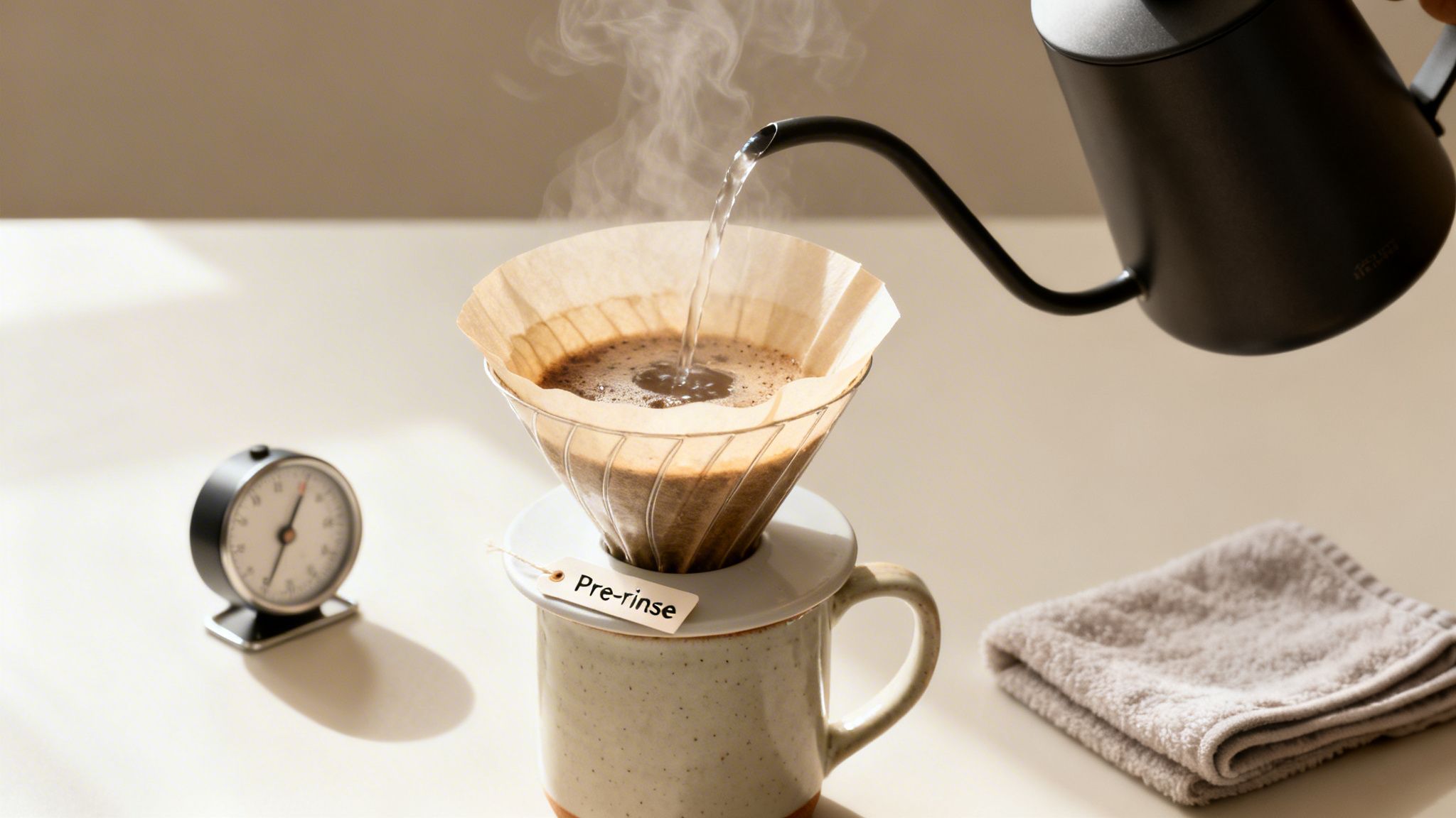A black gooseneck kettle pours hot water into a pour-over coffee filter over a mug labeled "Pre-rinse."