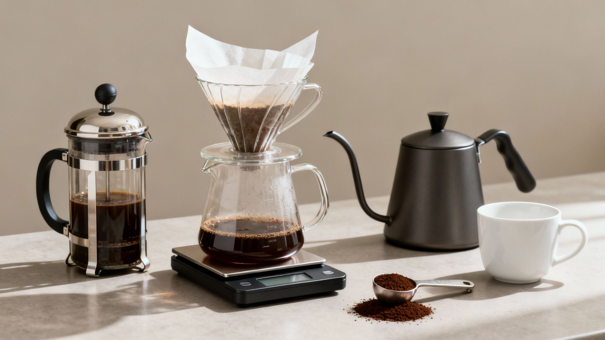 A collection of coffee brewing tools, including a French press, pour-over setup, kettle, and ground coffee on a counter.