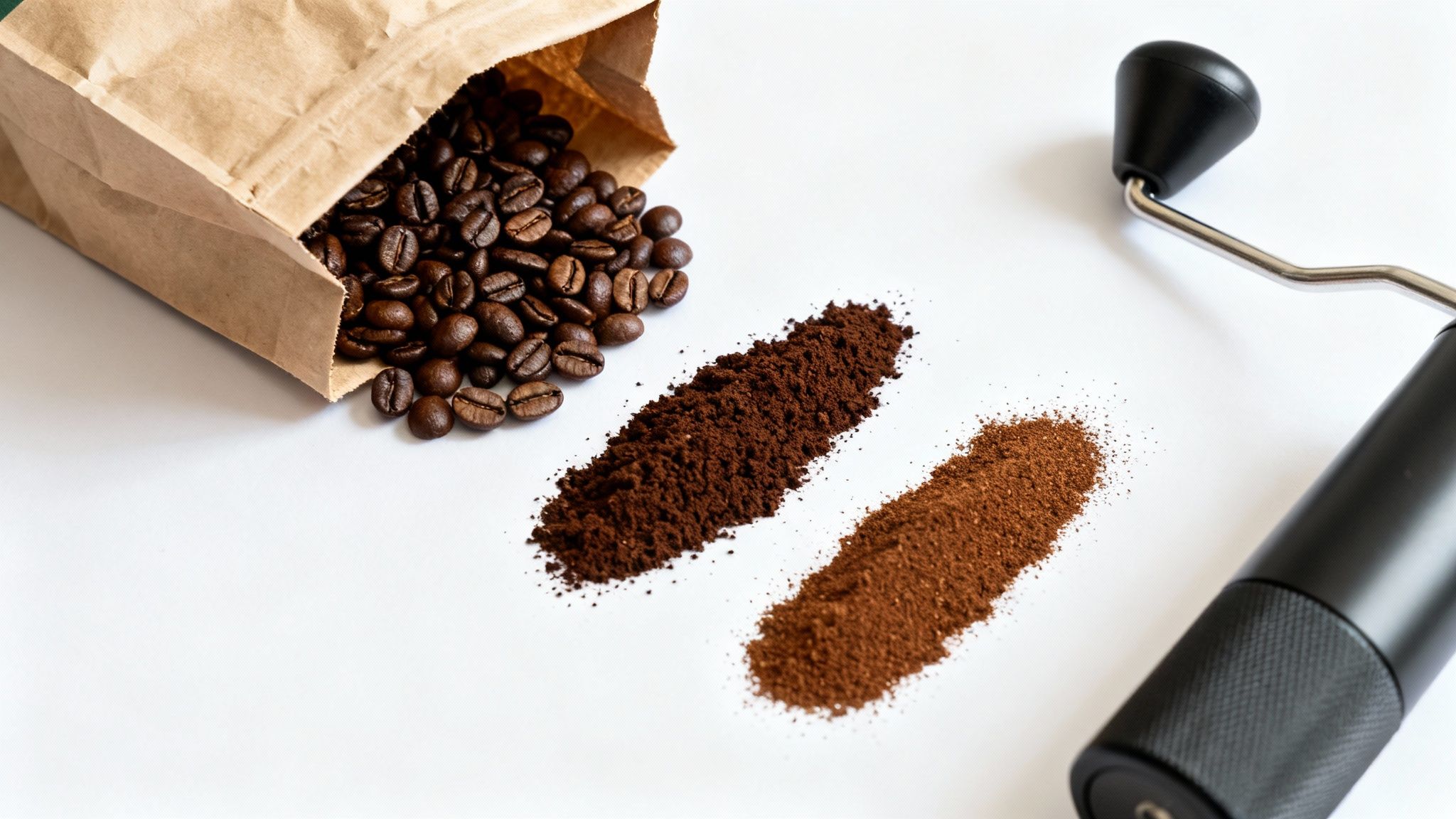 Coffee beans spill from a paper bag, alongside fine and coarse coffee grounds and a manual grinder.