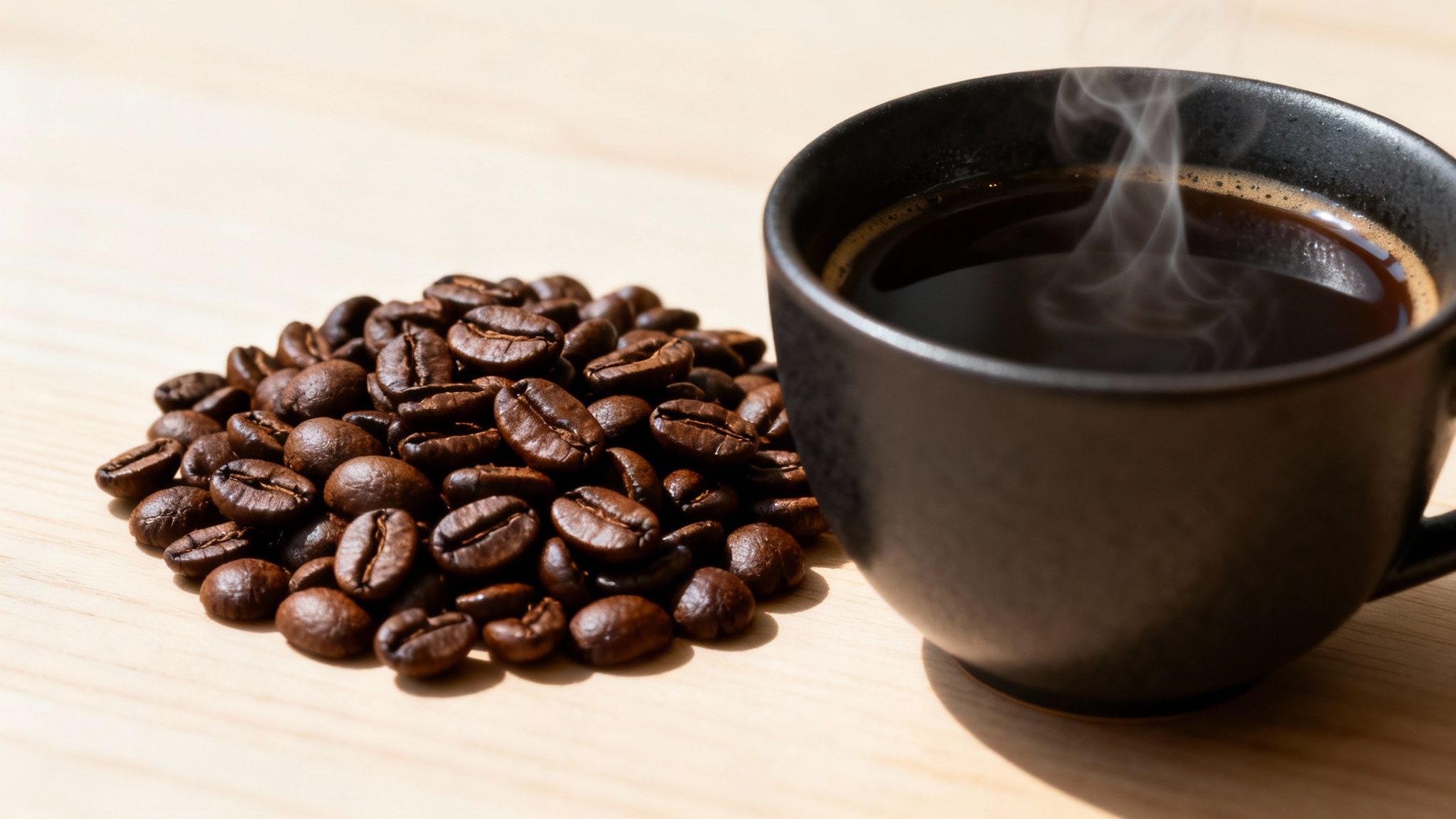 A steaming cup of black coffee next to a pile of dark roasted coffee beans on a wooden table.