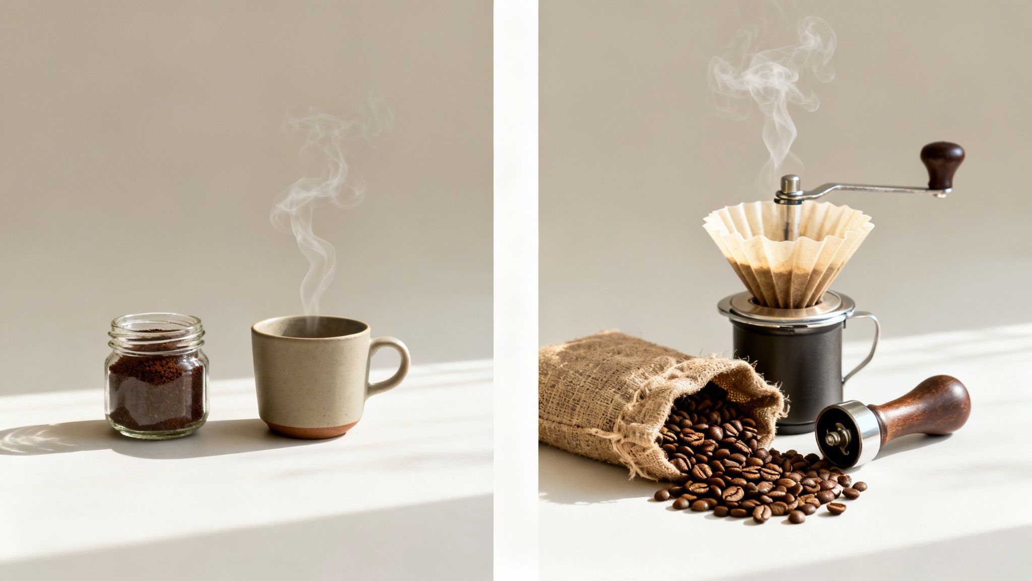 A jar of ground coffee and steaming cup next to a bag of beans and a coffee grinder.