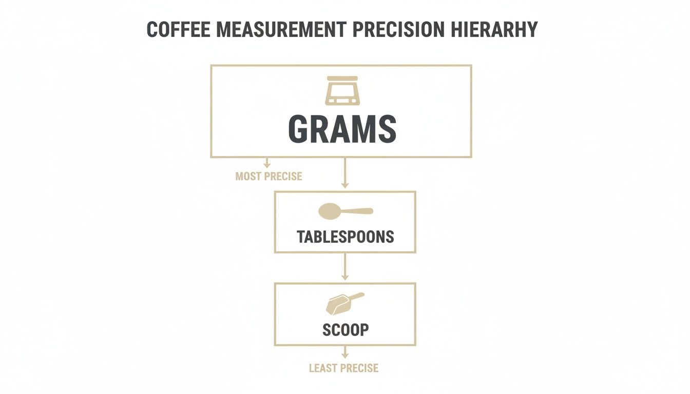 Hierarchy of coffee measurement precision: grams are most precise, followed by tablespoons and scoops.