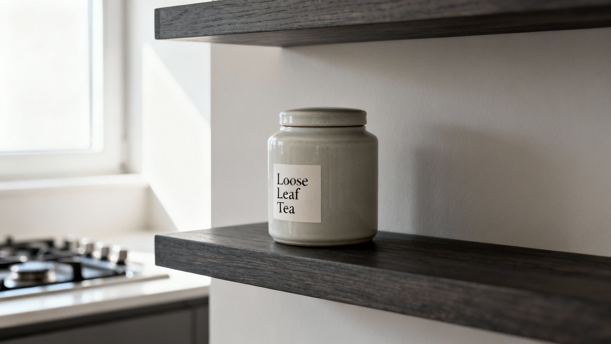A ceramic jar labeled 'Loose Leaf Tea' sits on a dark wooden shelf in a modern kitchen.