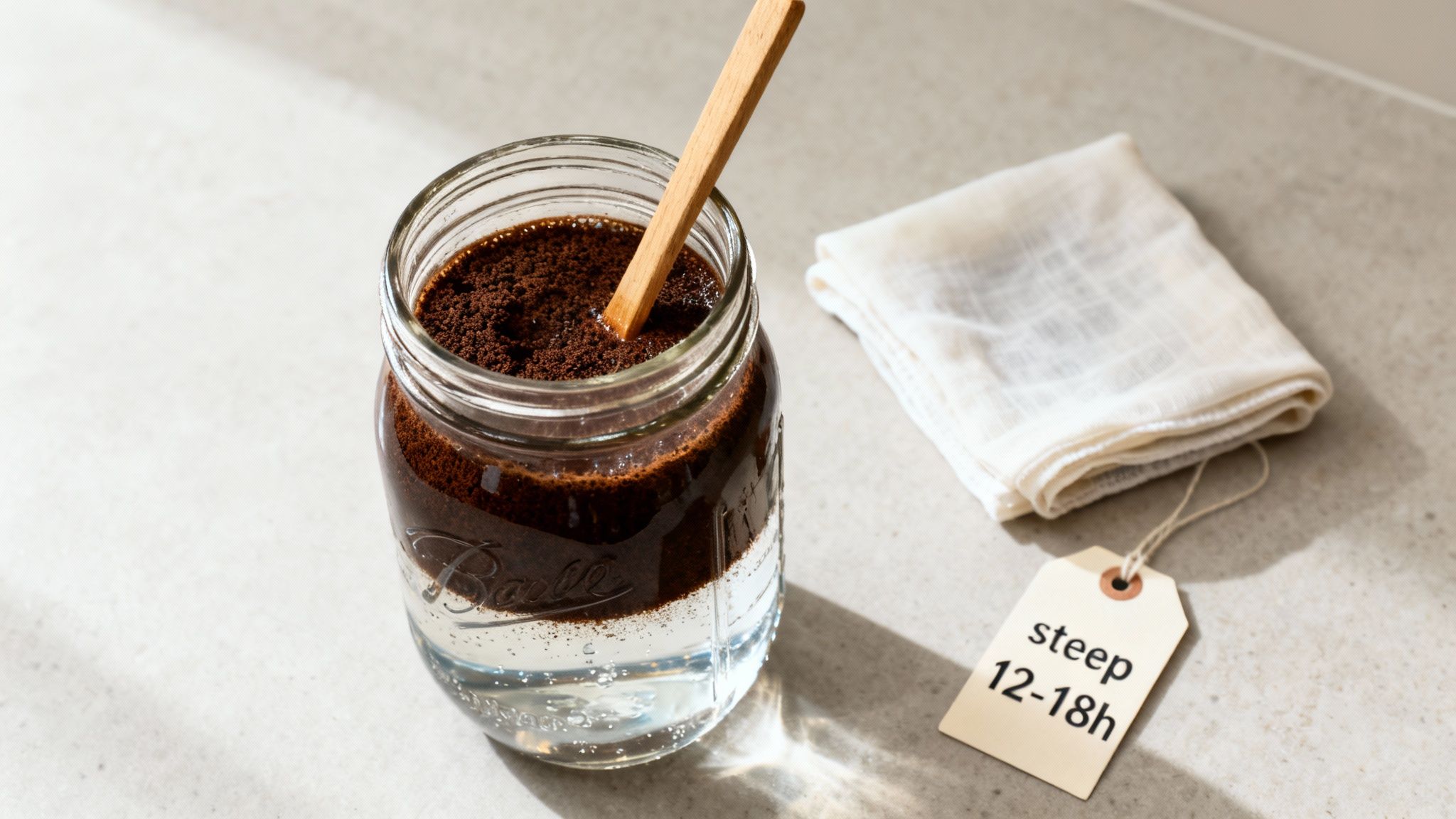 A mason jar with coffee grounds and water, ready for cold brew, next to a muslin cloth and a 'steep 12-18h' tag.