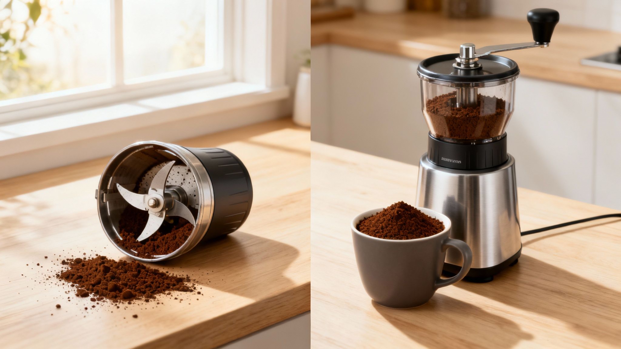 Freshly ground coffee is shown in two forms: spilled from a blade grinder and in a cup next to a manual grinder.