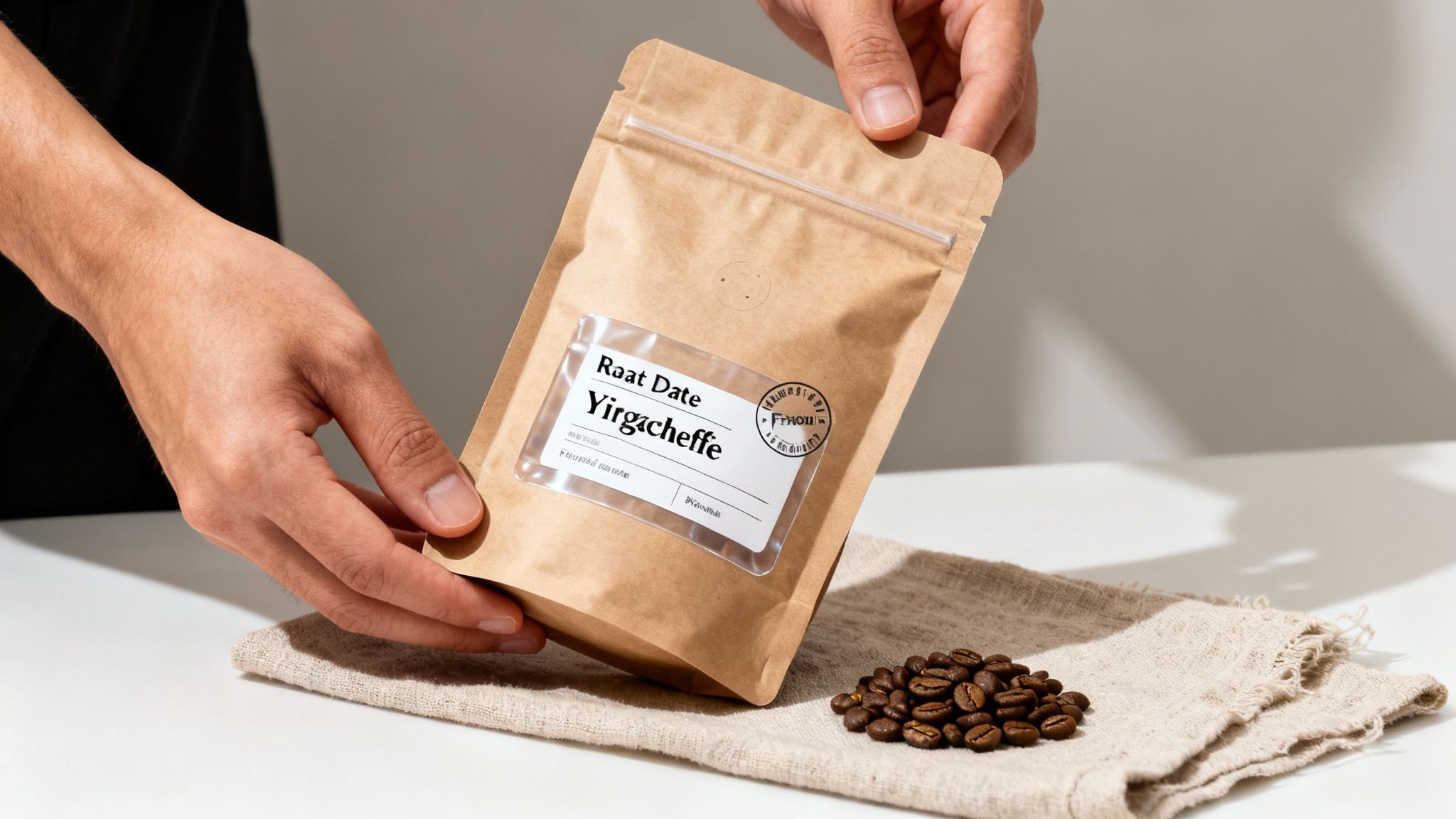 Hands holding a kraft paper bag of Yirgacheffe coffee beans, with whole beans on a linen cloth.