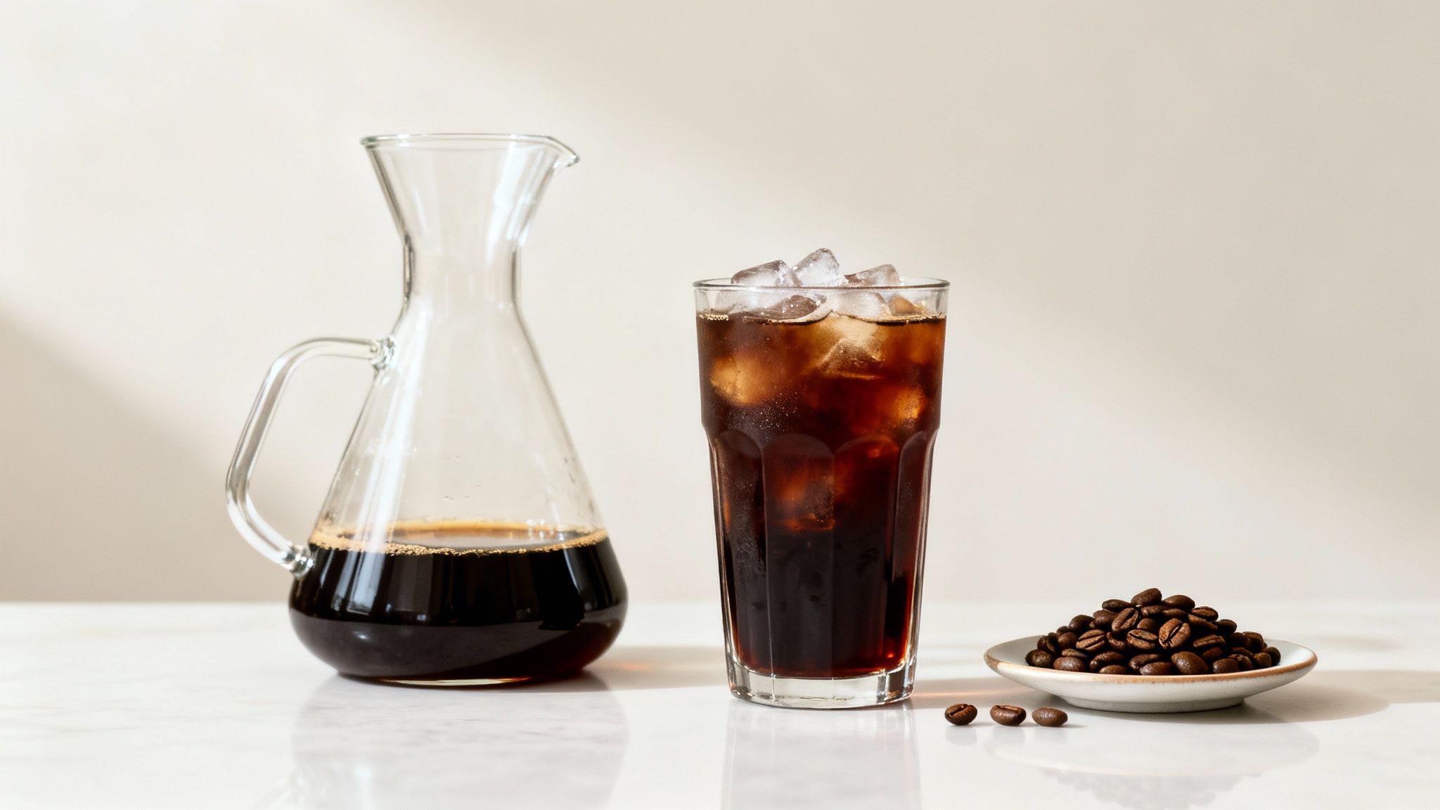 Cold brew coffee in a glass carafe and an iced glass, with roasted coffee beans on a white table.
