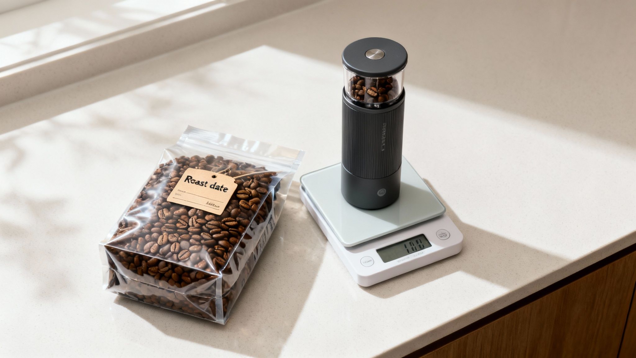 A clear bag of fresh coffee beans, an electric grinder, and a digital scale on a kitchen counter.