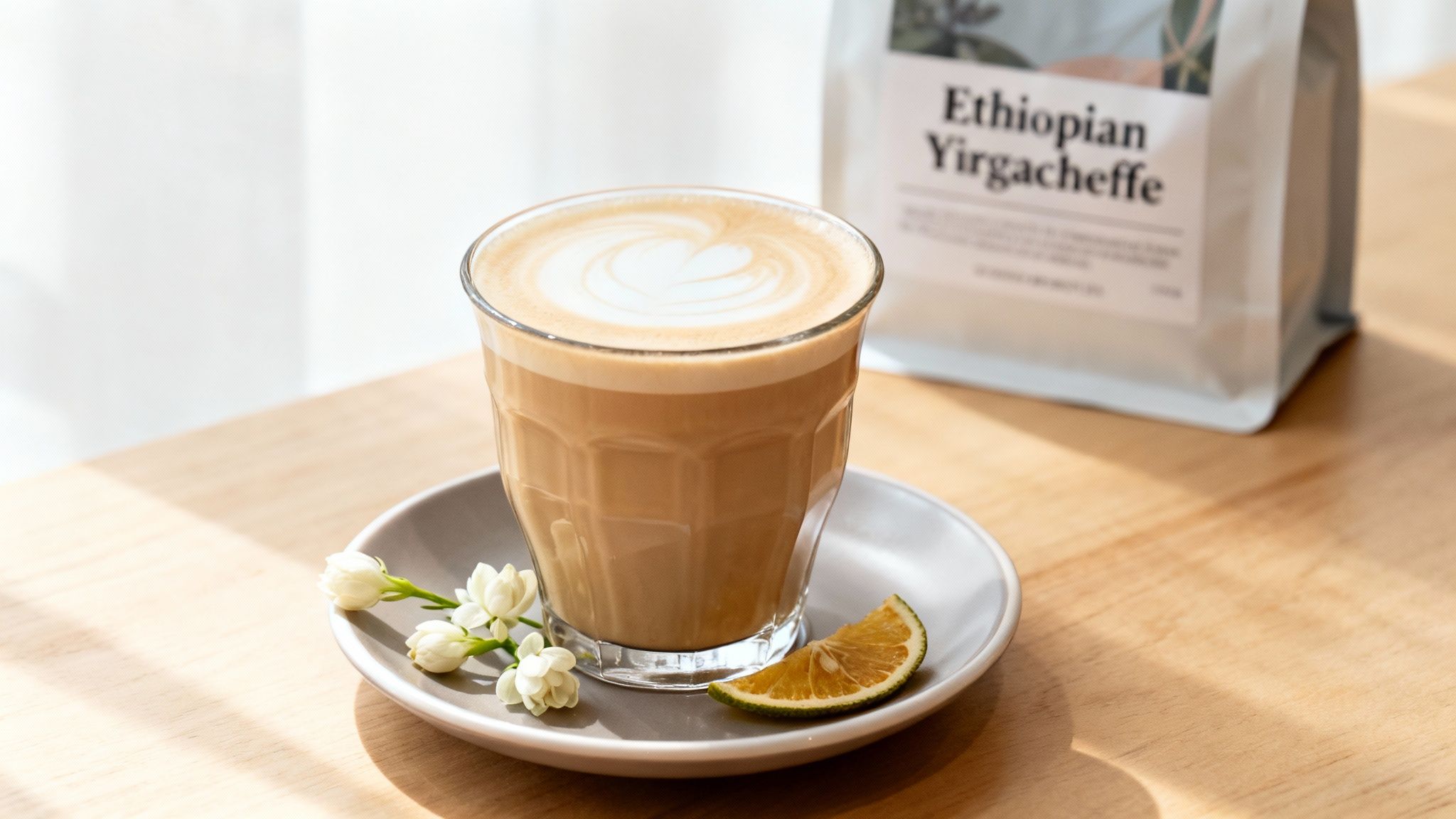 A glass of Ethiopian Yirgacheffe latte with latte art, jasmine flowers, and lime on a wooden table.
