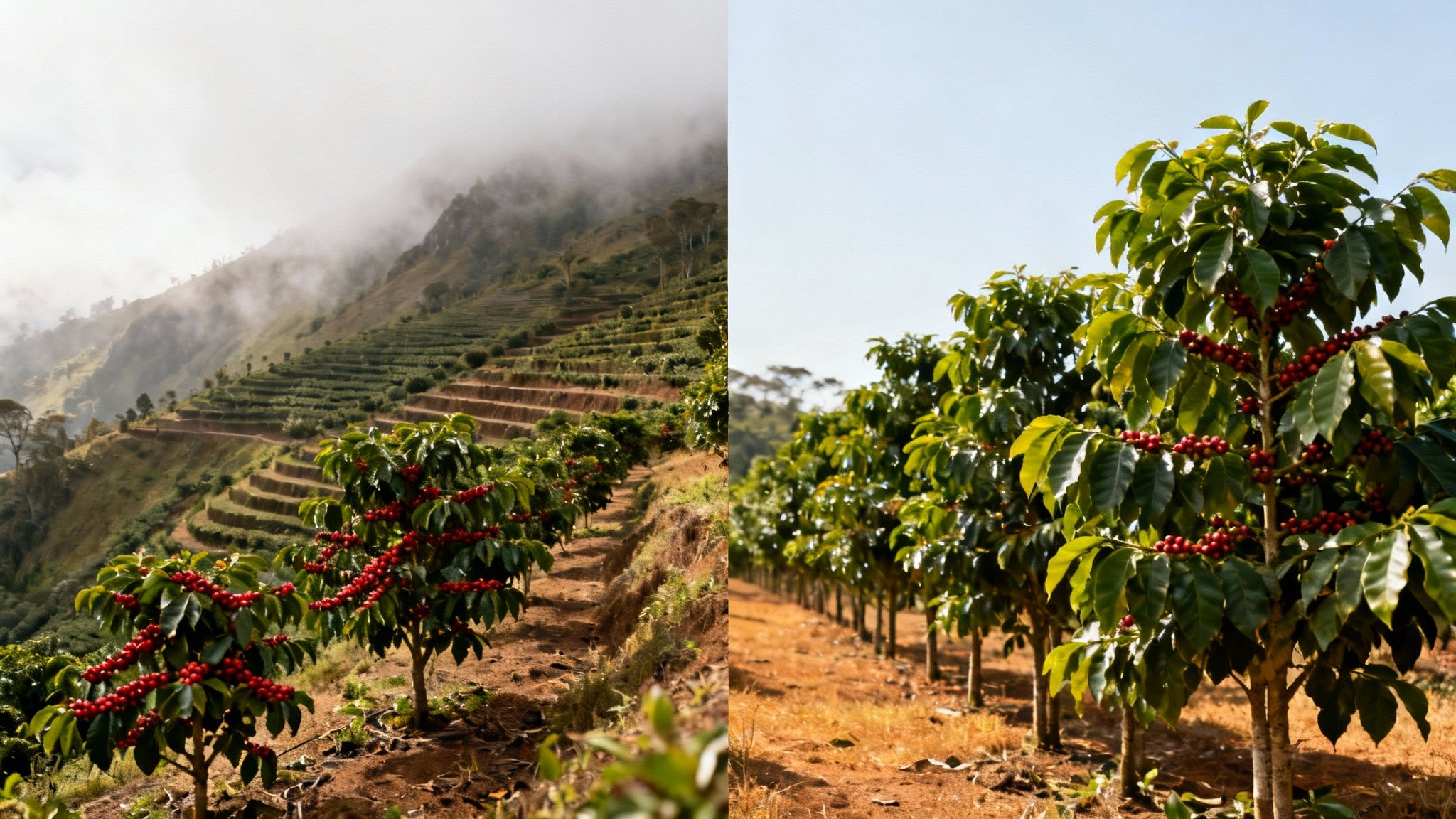 Side-by-side view of coffee plantations, showing misty terraced fields and sunlit rows of trees.