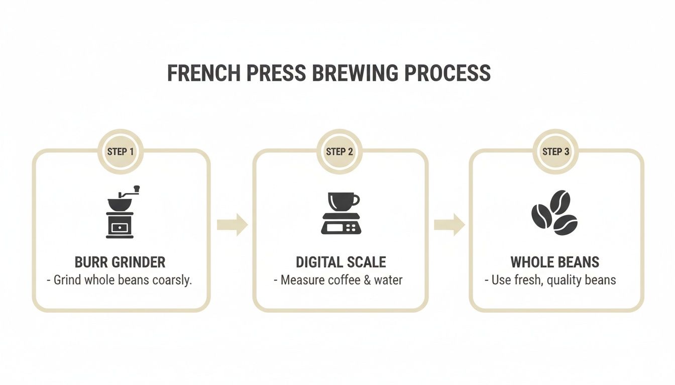 Infographic detailing the French press brewing process, showing steps for grinding, measuring, and using fresh coffee beans.