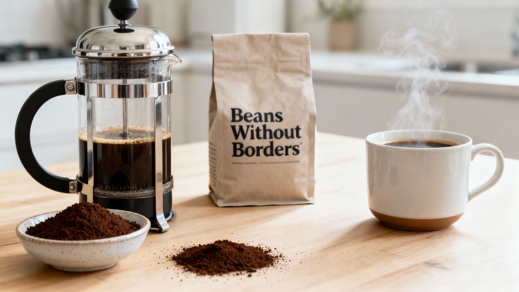 A French press, ground coffee, and a steaming mug of coffee on a wooden table.