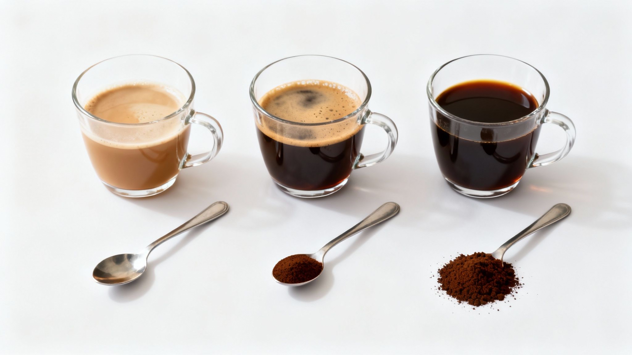 Three clear glass mugs showcase coffee preparations: latte, espresso, and black coffee with grounds.