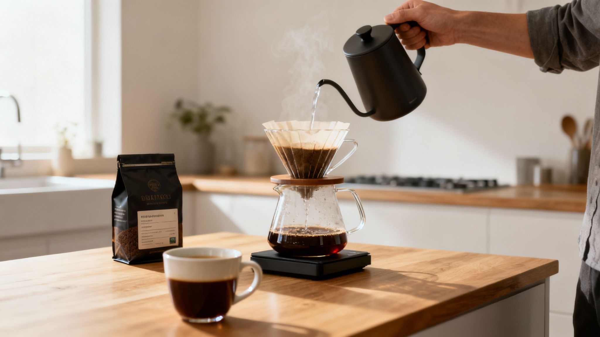 Person pouring hot water into a pour-over coffee maker with coffee bag and cup on kitchen counter.
