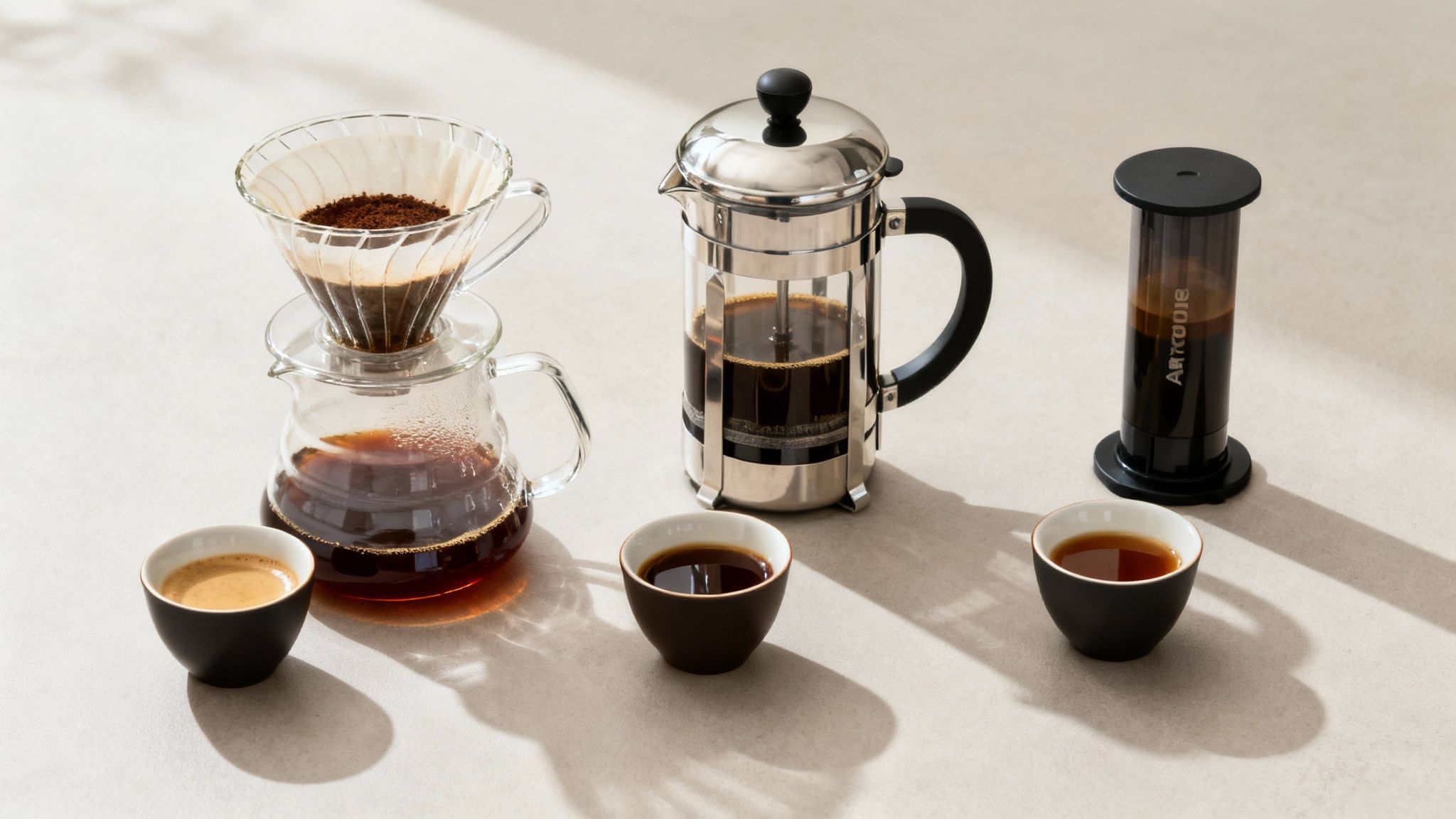 Three different coffee brewing methods and freshly brewed coffee in cups on a light surface.