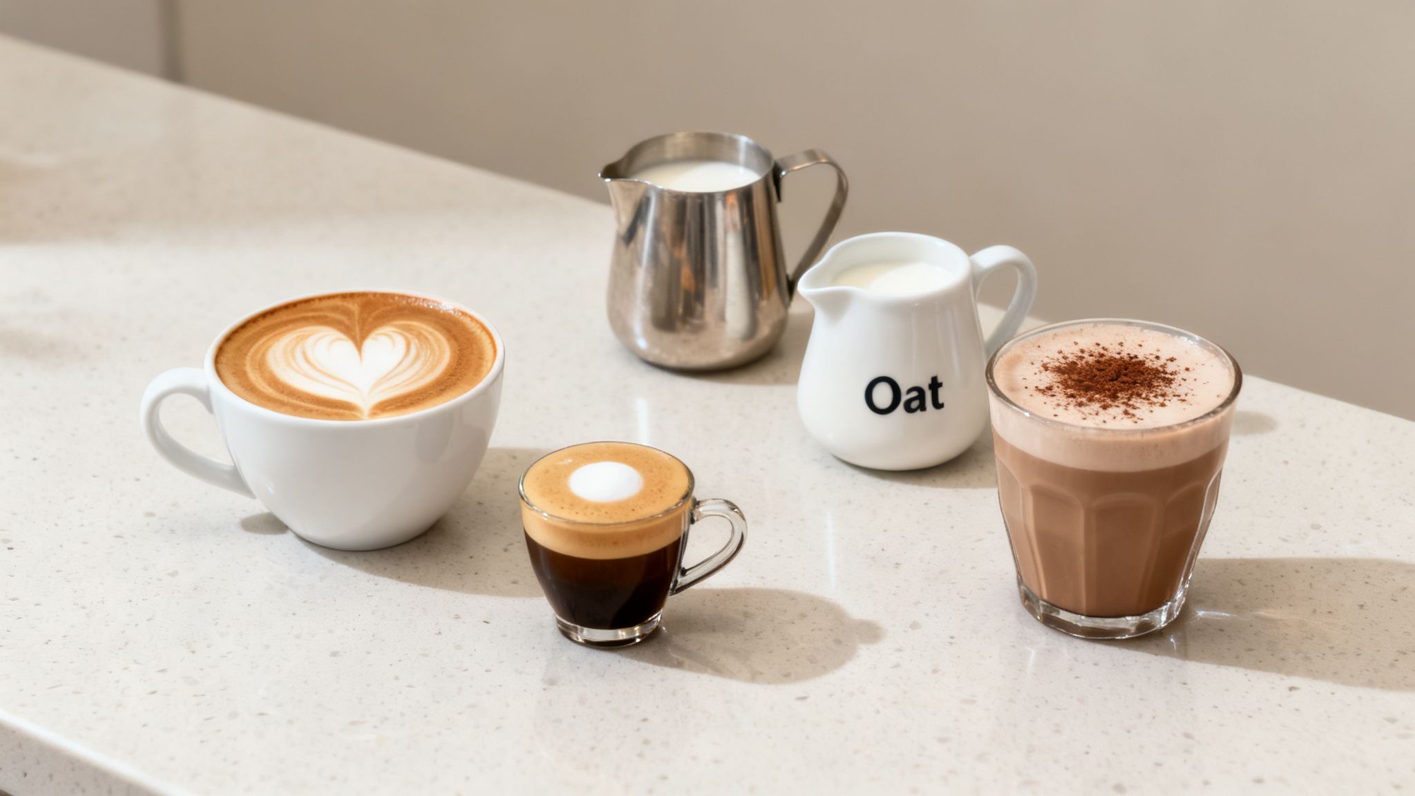 Various coffee and milk beverages, including latte art, espresso, and an oat milk pitcher, on a light countertop.