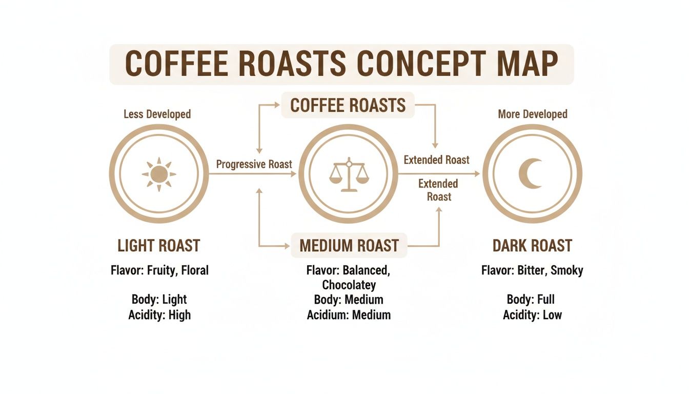 A concept map illustrating light, medium, and dark coffee roasts with their characteristics and development.