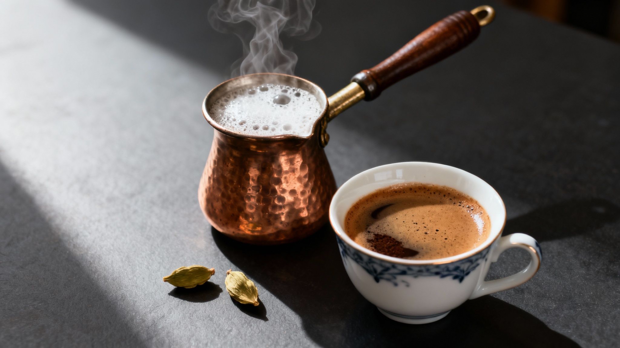 Steaming Turkish coffee in a traditional copper cezve next to a cup and cardamom pods.
