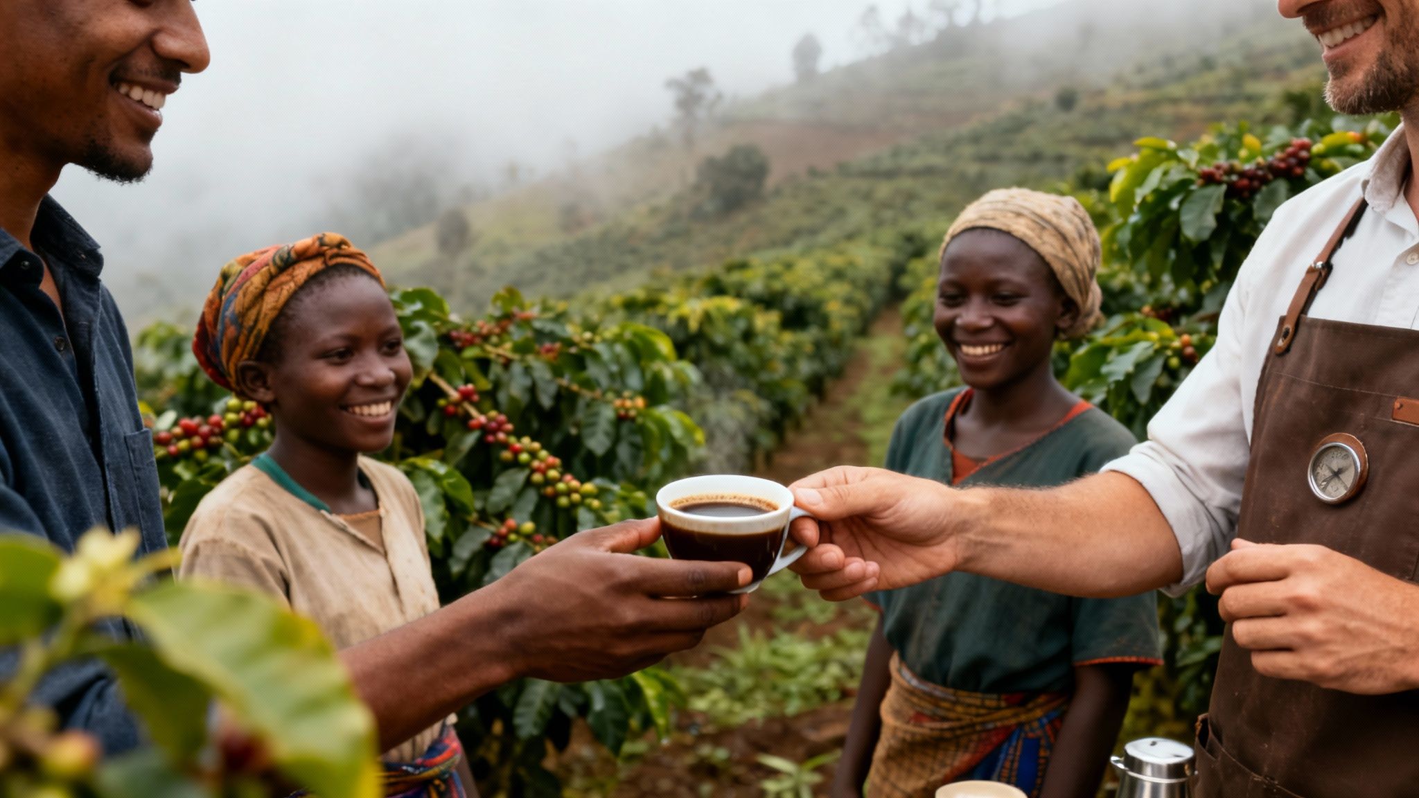 Farmers and a roaster sharing freshly brewed coffee on a vibrant coffee plantation.