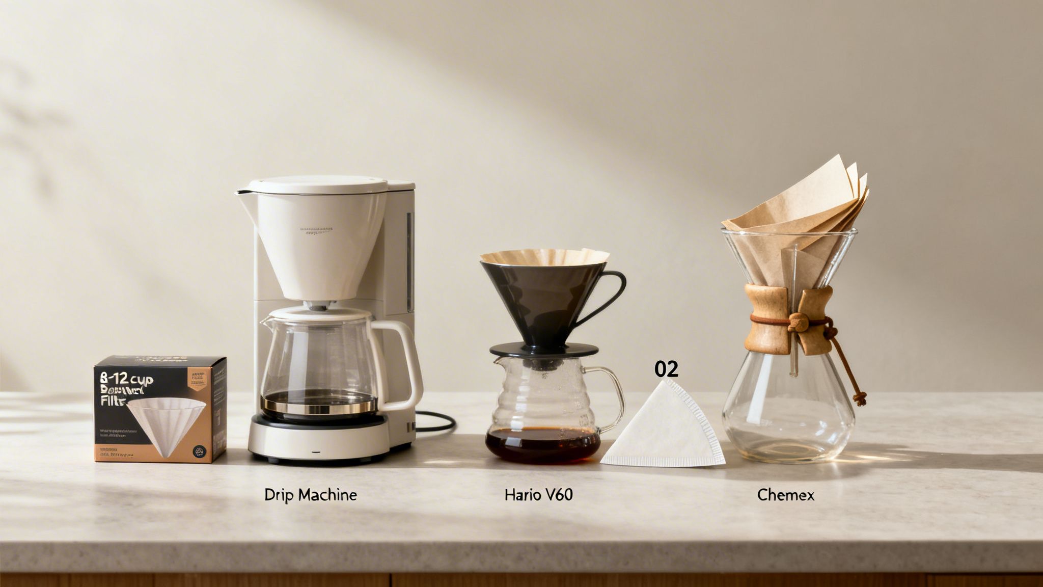 A lineup of coffee brewing equipment including a drip machine, Hario V60, and Chemex with various coffee filters.