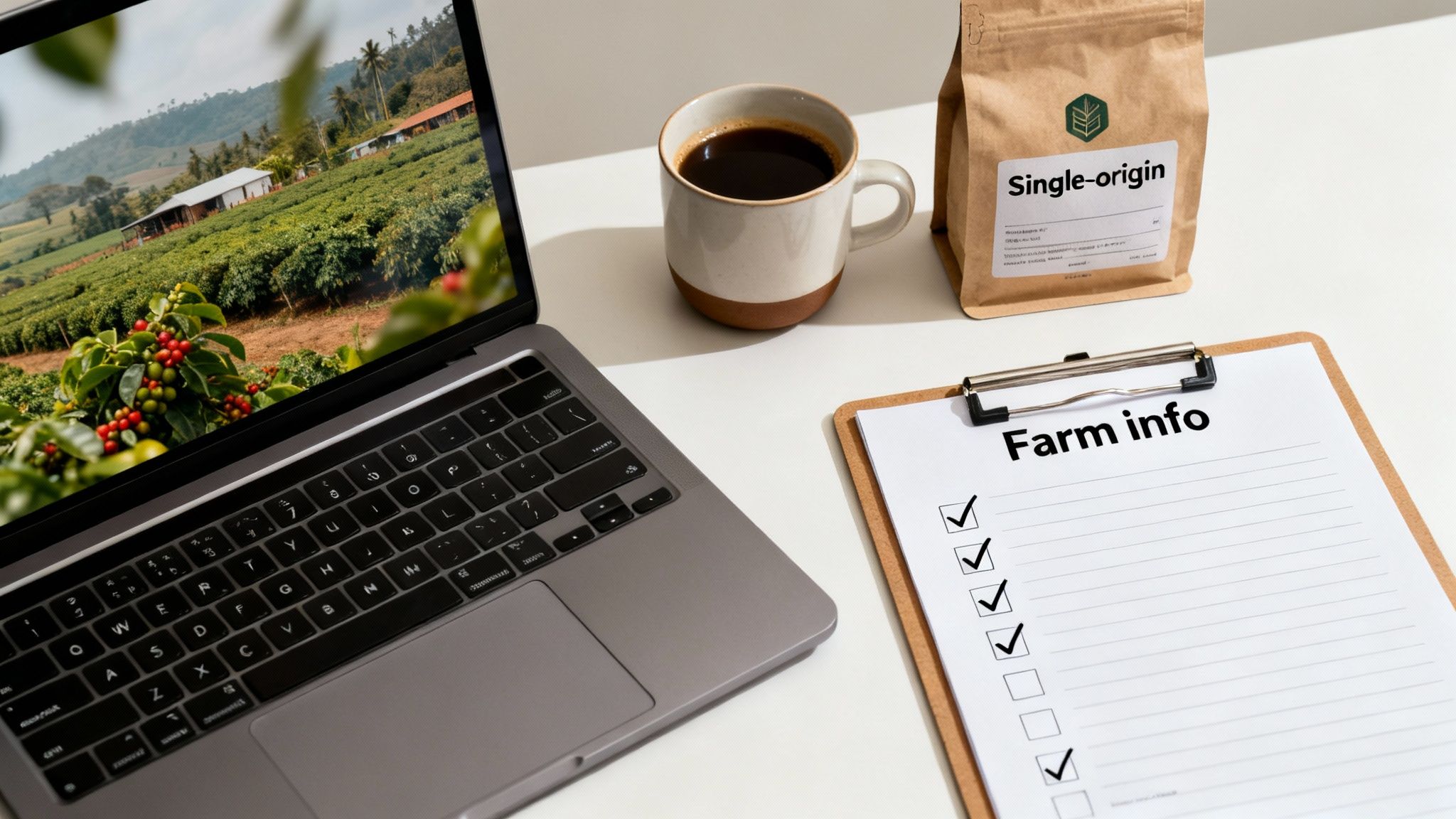 A laptop shows a coffee farm, alongside a coffee mug, single-origin bag, and a 'Farm info' clipboard.
