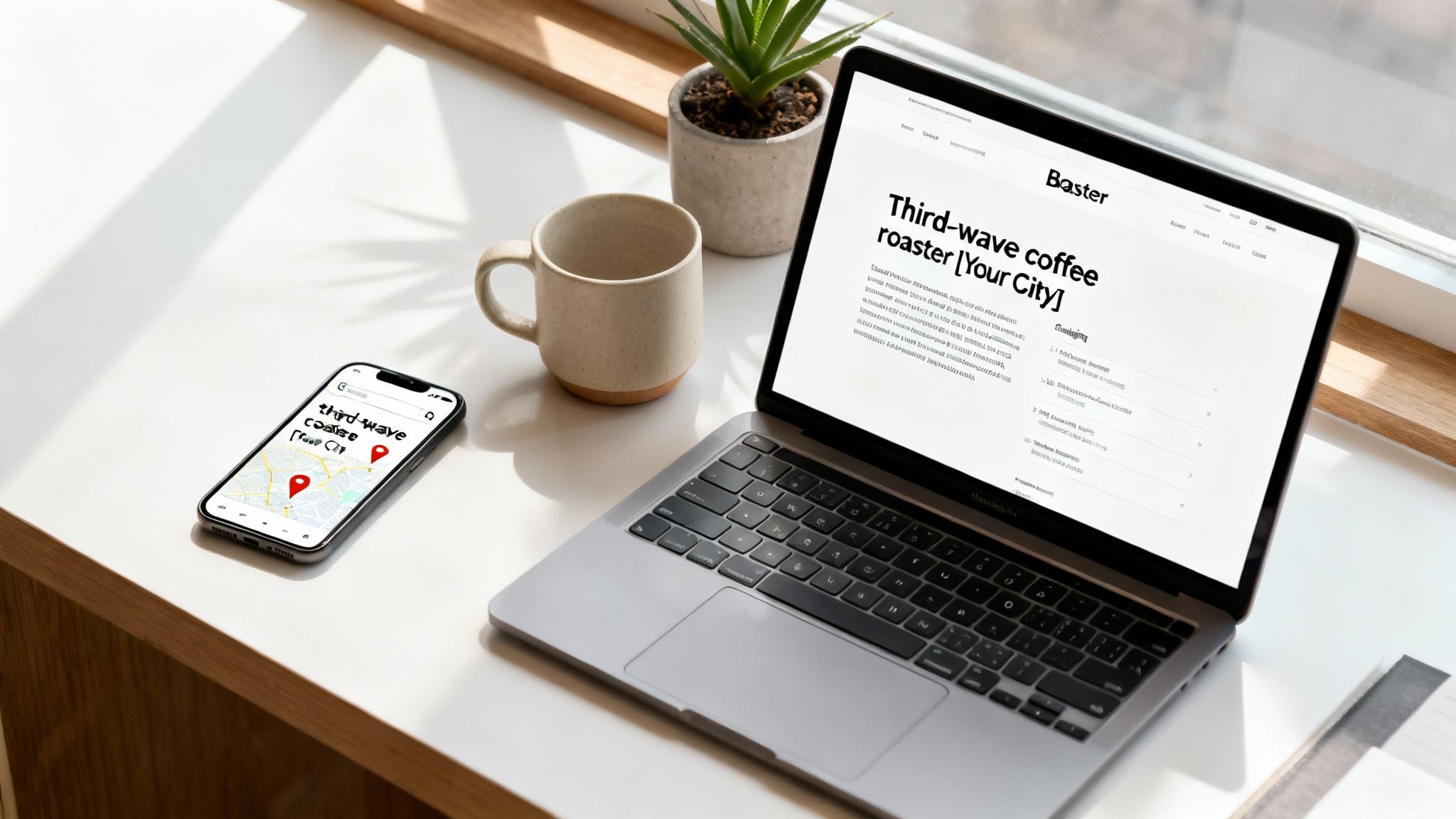A modern workspace with a laptop and smartphone displaying a coffee roaster website and a map search.