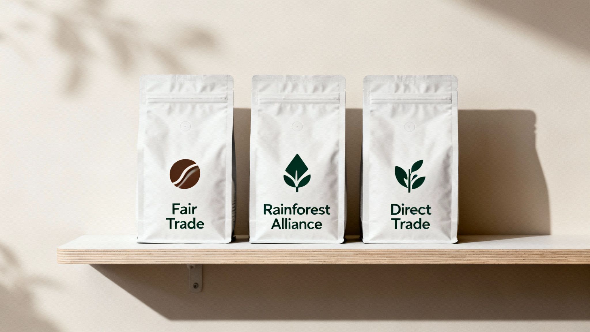 Three white coffee bags for Fair Trade, Rainforest Alliance, and Direct Trade sit on a wooden shelf.